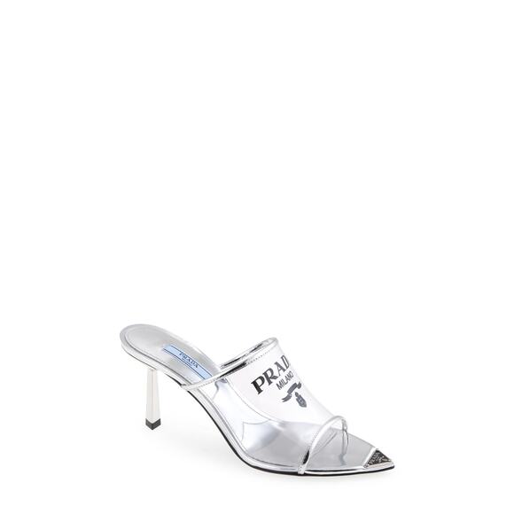 Prada Logo Clear Slide Silver Leather Sandal Size 6 - Picture 1 of 5
